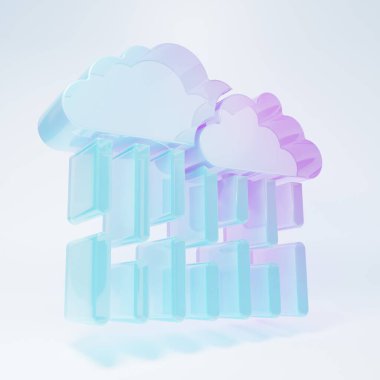 Beyaz arka planda izole edilmiş yağmur ikonlu buzlu cam bulut. Yağmur damlaları ile yağmur bulutu yağışı. Minimalizm kavramı. 3 Boyutlu resimleme .