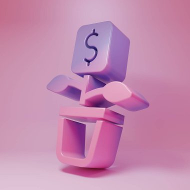 Pembe arka planda izole edilmiş mor-pembe bitki ikonu. İş yatırımı büyüme konsepti. Para tasarrufu ve yatırım. Minimalizm kavramı. 3 Boyutlu resimleme .