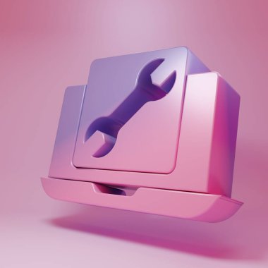 Pembe arka planda İngiliz anahtarı simgesi olan mor pembe dizüstü bilgisayar. Ayarlama, servis, ayar, bakım, onarım, onarım. Minimalizm kavramı. 3 Boyutlu resimleme .