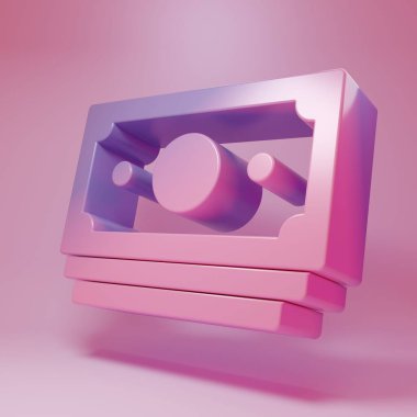Purple-pink Stacks paper money cash icon isolated on pink background. Money banknotes stacks. Bill currency. Minimalism concept. 3D render illustration .