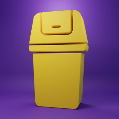 Sarı Çöp Kutusu simgesi mor arkaplanda izole edildi. Çöp kutusu tabelası. Sepet simgesini geri dönüştür. Ofis çöpü ikonu. Minimalizm kavramı. 3 Boyutlu resimleme .