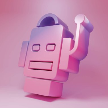 Pembe arka planda izole edilmiş mor-pembe robot simgesi. Yapay zeka, makine öğrenme, bulut hesaplama. Minimalizm kavramı. 3 Boyutlu resimleme .