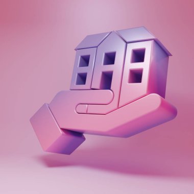 Mor pembeli ev pembe arka planda izole edilmiş bir ikon. Sigorta konsepti. Güvenlik, güvenlik, koruma, konsept koruma. Minimalizm kavramı. 3 Boyutlu resimleme .