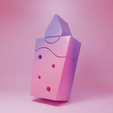 Pembe arka planda su ikonu olan mor-pembe cam. Soda bardağı. Minimalizm kavramı. 3 Boyutlu resimleme .