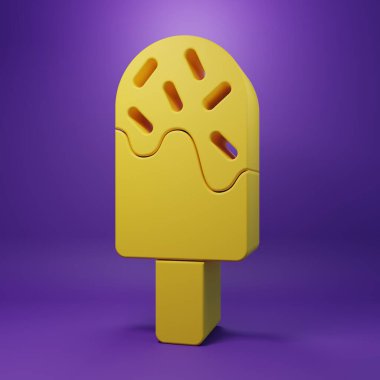 Sarı dondurma ikonu mor arkaplanda izole edilmiş. Güzel sembol. Minimalizm kavramı. 3 Boyutlu resimleme .