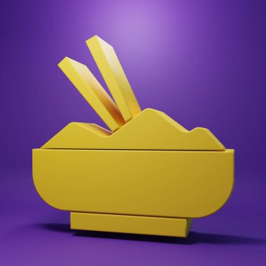 Mor arka planda izole edilmiş yemek çubuğu ikonu olan bir kasede sarı pirinç. Geleneksel Asya yemekleri. Minimalizm kavramı. 3 Boyutlu resimleme .