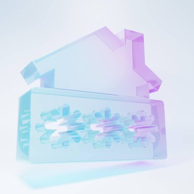 Beyaz arka planda izole edilmiş parola bildirim simgesine sahip buzlu cam ev. Ev anahtarının konsepti. Minimalizm kavramı. 3 Boyutlu resimleme .