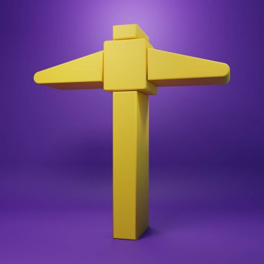 Sarı Kazma simgesi mor arkaplanda izole edildi. Minimalizm kavramı. 3 Boyutlu resimleme .