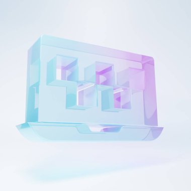 Buzlu cam dizüstü bilgisayar çağrı taksi servisi ikonu beyaz arka planda izole edildi. Minimalizm kavramı. 3 Boyutlu resimleme .