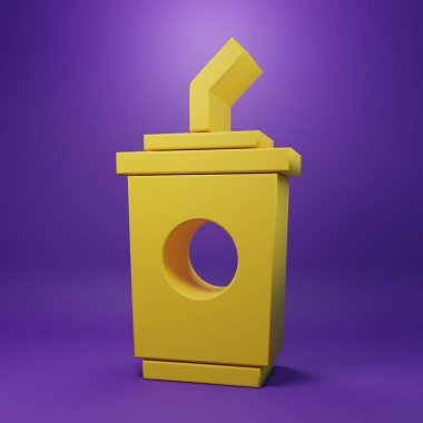 Yellow Paper glass with drinking straw and water icon isolated on purple background. Soda drink glass. Fresh cold beverage symbol. Minimalism concept. 3D render illustration .