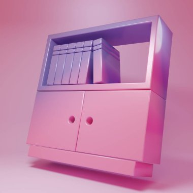 Pembe arka planda izole edilmiş mor-pembe kütüphane kitaplığı simgesi. Minimalizm kavramı. 3 Boyutlu resimleme .