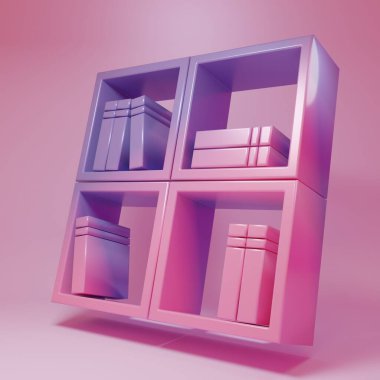 Pembe arka planda kitap simgesi olan mor-pembe bir raf. Raflar işaretli. Minimalizm kavramı. 3 Boyutlu resimleme .