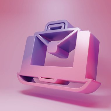 Mor-pembe çevrimiçi pembe arka planda izole edilmiş çalışma simgesi. Evinde dizüstü bilgisayarla çalışan serbest çalışan bir adam. Uzaktan kumanda. Mesafeli iş kavramı. Minimalizm kavramı. 3 Boyutlu resimleme .