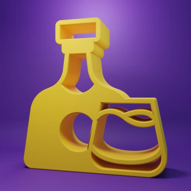 Yellow Whiskey bottle and glass icon isolated on purple background. Minimalism concept. 3D render illustration .