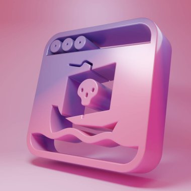 Pembe arka planda izole edilmiş mor-pembe internet korsanlığı ikonu. Çevrimiçi korsanlık. Dosya indirmeli ve film paylaşmalı siber uzay suçları. Minimalizm kavramı. 3 Boyutlu resimleme .