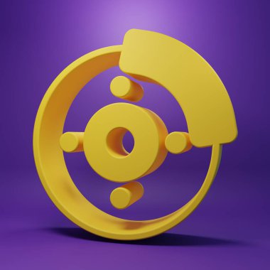 Sarı araba fren diski ve mor arka planda izole edilmiş kalibre simgesi. Minimalizm kavramı. 3 Boyutlu resimleme .