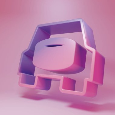 Pembe arka planda izole edilmiş araba ikonundaki mor-pembe yedek tekerlek. Tekerleği değiştirme işlemi. Bagajdaki yedek lastiğin yeri. Minimalizm kavramı. 3 Boyutlu resimleme.
