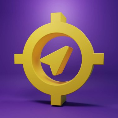 Sarı Pusula simgesi mor arkaplanda izole edildi. Rüzgâr yön bulma sembolü. Rüzgar gül işareti. Minimalizm kavramı. 3 Boyutlu resimleme.