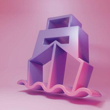 Pembe arka planda kutucuk servis ikonu olan mor-pembe kargo gemisi. Teslimat, ulaşım. Paketleri, kutuları, malları olan bir şilep. Minimalizm kavramı. 3 Boyutlu resimleme.
