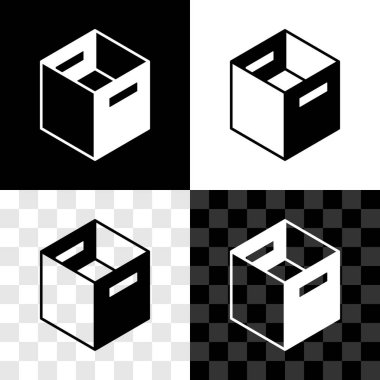 Karton kutu simgesini siyah beyaz, şeffaf arkaplanda izole et. Kutu, paket, paket işareti. Teslimat ve ambalaj. Vektör.