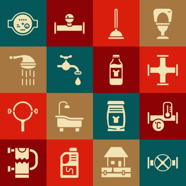 Endüstri borusunu ve valfi temizleme aracı ikonu için su musluğu pompası ve şişe ayarlayın. Vektör.