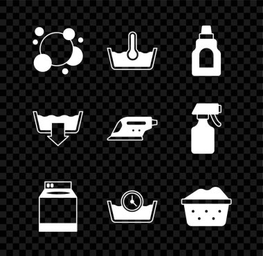 Sabun köpüğü, sabun köpüğü, çamaşır deterjanı, sabun köpüğü ve elektrikli ütü ikonu ile yıkama havzası için deterjan şişesi hazırlayın. Vektör.