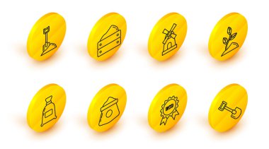 Kürek Banner etiket logosunu eko un filizli yel değirmeni ahşap kutu ve zemin simgesi için ayarla. Vektör.