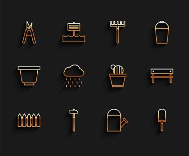 Bahçe çitleri ahşap çekiç bahçe makasları su kürek kürek kürek bulut yağmur benç ve kaktüs sulu saksı ikonu. Vektör.