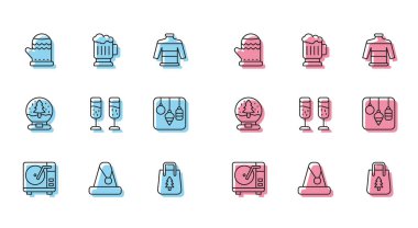 Vinil plaklı vinil çalar, Noel Baba Noel Baba şapkalı, eldiven çantalı şampanya dolu cam ışıklı kar küresi ve ahşap bira bardağı ikonu. Vektör.