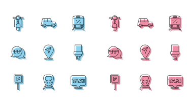 Taksi emniyet kemeri taksisi taksisi, telefon ve araba ikonu olan yüksek hızlı tren parkı Scooter konumunu ayarlayın. Vektör.