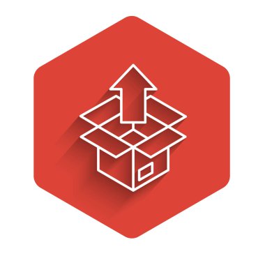 Beyaz çizgi Unboks simgesi uzun gölge arkaplan izole. Kırmızı altıgen düğmesi. Vektör.