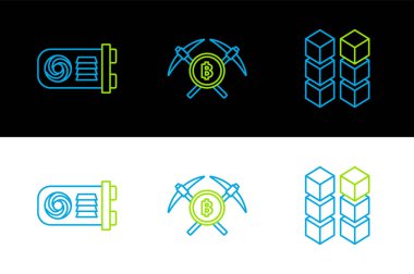 Hat Blockchain teknoloji madencilik çiftliği ve çapraz kazma ikonu. Vektör.