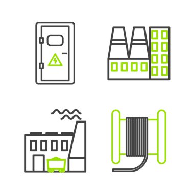 Kömür santrali, fabrika elektrik santrali ve elektrik kabini ikonuna elektrik kablosu döşe. Vektör.