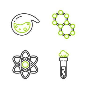 Çizgi Test tüpü ve kimyasal atom molekülü ve ikonu hazırlayın. Vektör.