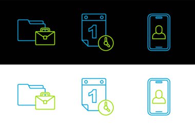 Set line Video chat conference Online working and Time management icon. Vector.