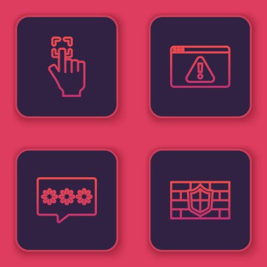 Çizgi parmak izi, şifre koruması ünlem işaretli tarayıcı ve tuğla duvar. Mavi kare düğme. Vektör.