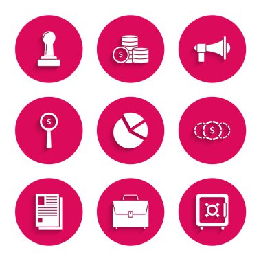 Pasta grafiği bilgisel para çantasını dolar sembolü dosya büyüteci, megafon ve pul simgesi ile ayarlayın. Vektör.