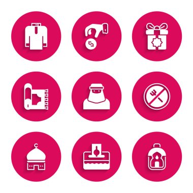 Müslüman kadını taksiye bindirin ya da Ramazan Kareem fenerinizi ödeyin. Geleneksel Cami Halı Halı Kutusu ve Gömlek Kurta ikonu. Vektör.