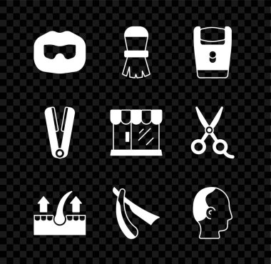 Bıyık ve sakal kesme fırçası tıraş bıçağı insan saçı folikül düz kellik saç maşası ve berber dükkanı ikonu. Vektör.