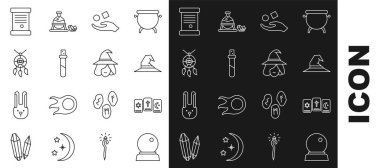 Sihirli Top 3 tarot kartı cadı şapkası küpü aşk iksiri iksiri tutucu tüylerle havada asılı duruyor kağıt parşömen parşömeni ve simgesi. Vektör.