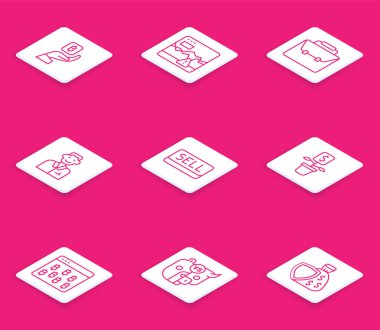 El Hattı, Bitcoin Fiyasko Borsası, Evrak Çantası Tüccarı, Dolar Tarayıcı ve Boğa Ayı ikonu. Vektör.