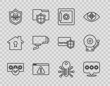 Satır Parola Koruması Güvenli Tarayıcı ünlem işareti ile Güvenlik kamerası modu Akıllı anahtar ve alarm zili simgesi ile ayarlayın. Vektör.