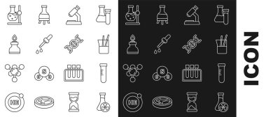 Test tüpünü zehirli sıvı laboratuvar cam kaplama mikroskop Alkol yakma tüpü ve DNA sembolü ikonu ile ayarla. Vektör.