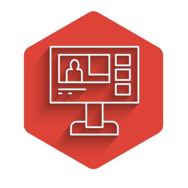 Beyaz çizgi televizyon ikonu uzun gölgeli izole edildi. Televizyon haberleri. Kırmızı altıgen düğmesi. Vektör.