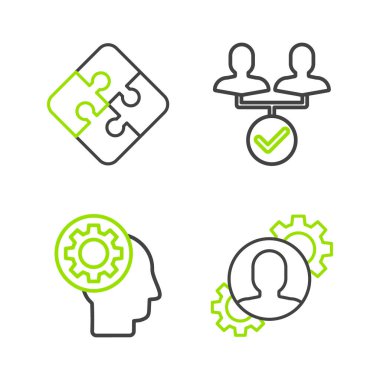 İnsan hattını, Proje Ekibi üssü ve yapboz simgesi içinde ekipmanla kurun. Vektör.