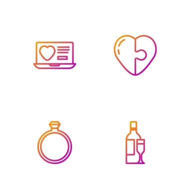 Şampanya şişesi, elmas nişan yüzüğü, internetteki randevu uygulaması ve Heart. Renk simgeleri. Vektör.