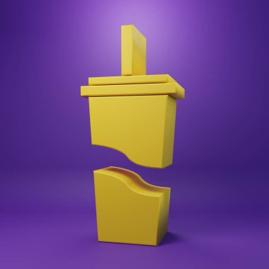 Yellow Paper glass with drinking straw and water icon isolated on purple background. Soda drink glass. Fresh cold beverage symbol. Minimalism concept. 3D render illustration.