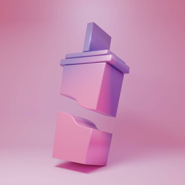 Purple-pink Paper glass with drinking straw and water icon isolated on pink background. Soda drink glass. Fresh cold beverage symbol. Minimalism concept. 3D render illustration.