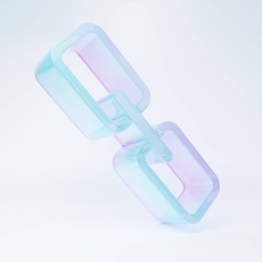 Buzlu cam zincir halka simgesi beyaz arkaplanda izole edildi. Bağlantı bekar. Hiper bağlantı zinciri sembolü. Minimalizm kavramı. 3 Boyutlu resimleme.