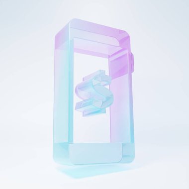 Frosted glass Smartphone with dollar symbol icon isolated on white background. Online shopping concept. Financial mobile phone icon. Online payment. Minimalism concept. 3D render illustration.
